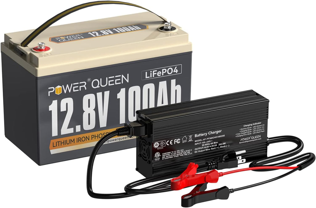 12.8V 100Ah LiFePO4 Battery with 14.6V 20A LiFePO4 Battery Charger M544