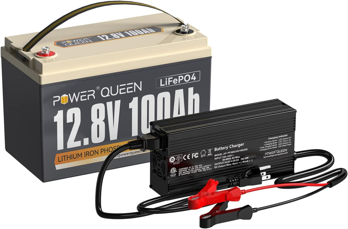 12.8V 100Ah LiFePO4 Battery with 14.6V 20A LiFePO4 Battery Charger M544