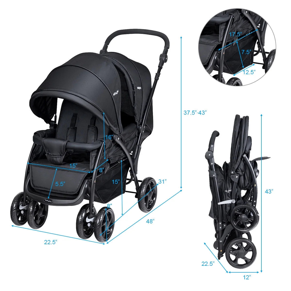 Double Stroller Foldable Lightweight Black K77834