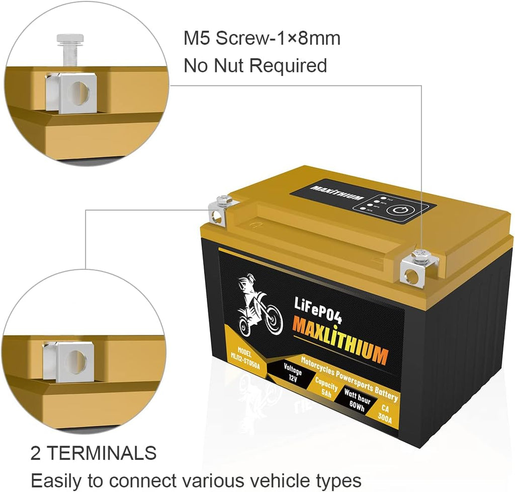 12V 5Ah 300A Lithium Powersports Battery with Battery State-of-charge Indicator W9294