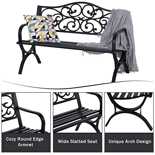 50 Inches Cast Iron Metal Patio Bench with Floral Pattern Backrest N6922