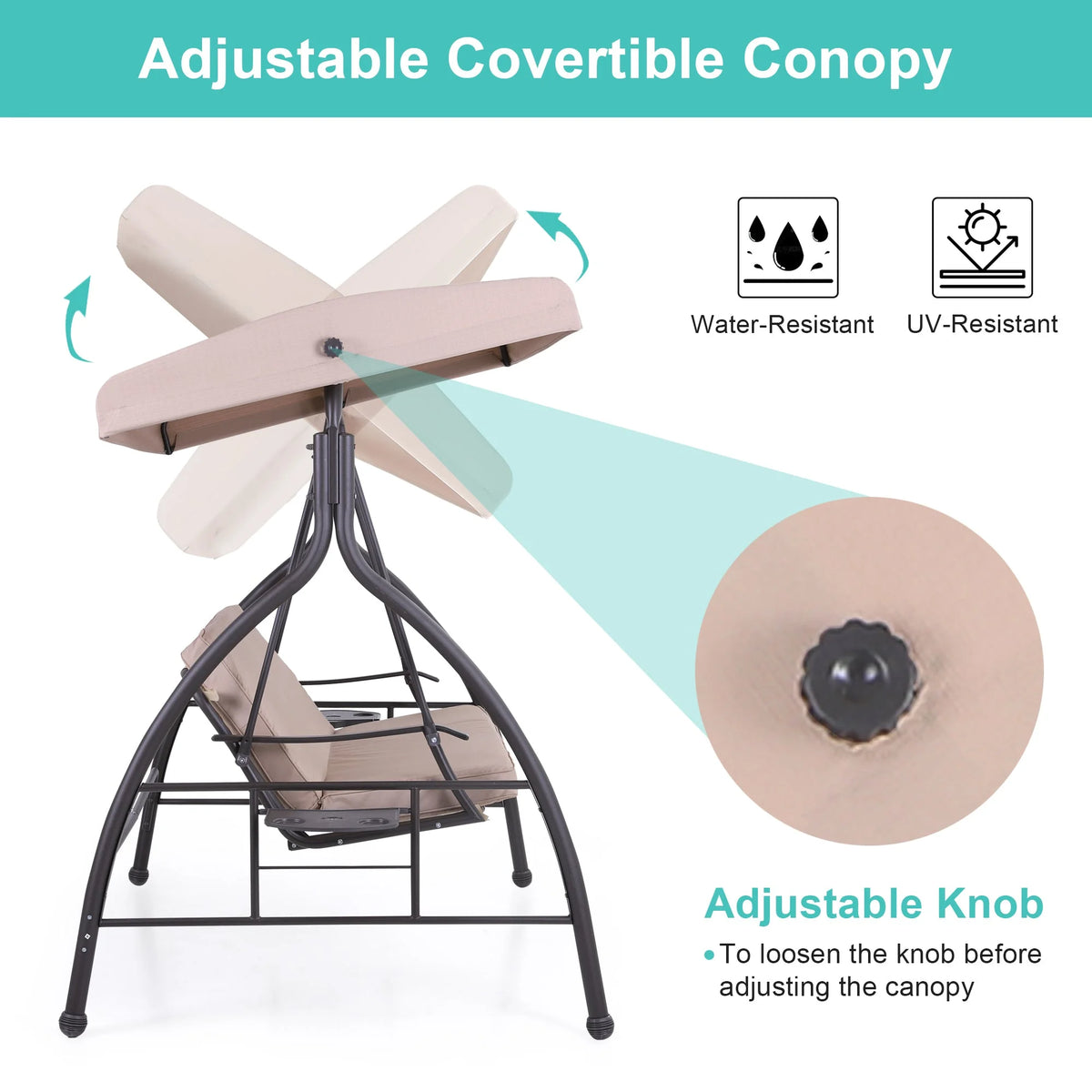 3-Seat Outdoor Converting Canopy Swing Glider Hammock with Foldable Side Table - Beige W212
